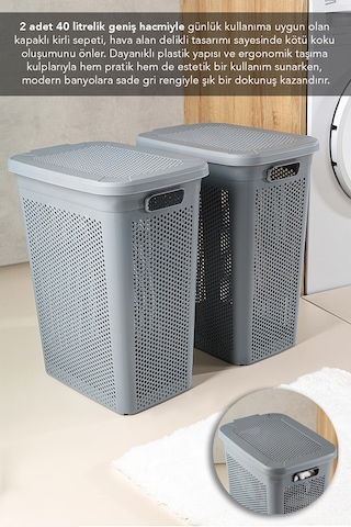 2'li Kirli Çamaşır Sepeti Seti - 40 Litre Kapaklı Delik Detaylı Stash Slim Kirli Sepeti Gri Gri