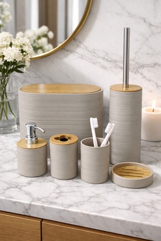 Makri Home 6 Parça Toprak Banyo Seti, Bambu Detaylı, 8l Çöp Kovası 24x26x16 Cm Kahverengi