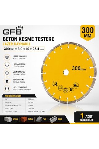 Beton Kesme Testeresi Lazer Kaynaklı Beton Tuğla Taş Bims Keser 300 X 3.0 X 10x25.4 Mm
