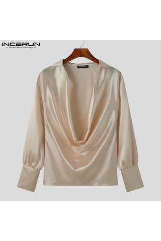 Incerun Salıncak Yaka Erkek Hollow Out Uzun Kollu Saten Üstler Bej