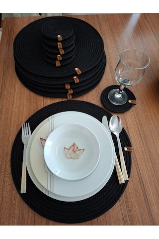 Siyah 6 Kişilik 12 Parça Amerikan Servis, Hasır Supla Takımı, Tab Siyah