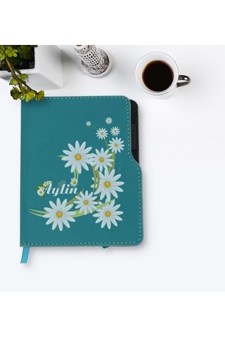 Kişiye Özel Papatya Temalı Turkuaz Termo Deri Defter-1