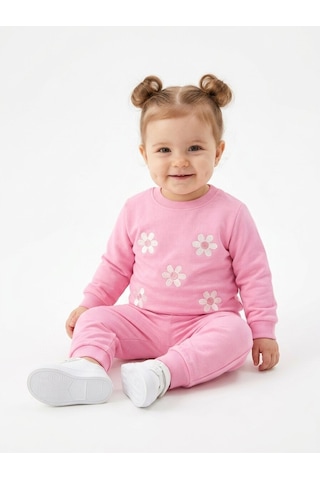 HelloBaby Pamuklu Papatya Detaylı 2li Kız Bebek Takım Pembe