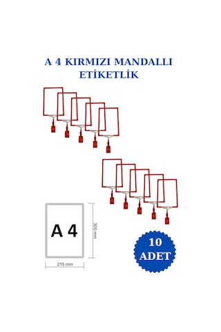 10 Adet Kırmızı A4 Mandallı Raf Sepet Etiketi Çerçeveli Etiketlik Kırmızı