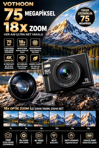 5k 75mp 18x Zoom Flaşlı 3 Flip Ekranlı Türkçe 32gb Kart Dijital Vlog Fotoğraf Makinesi Lens Hediyeli Diğer