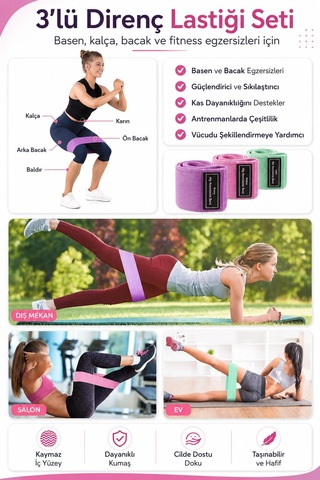 Deconitte 3 Lü Kumaş Direnç Lastiği Seti Kaymaz Pilates Fitness Kalça Bacak Egzersiz Squat Ve Loop Bandı Taşıma Çantalı Çok Renkli