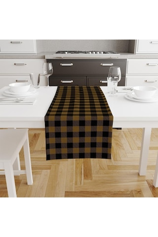 Sarı-siyah Kare Runner 140x45cm İnce Keten, Uluslararası Yıkama Ve Solmama Sertifikası Çok Renkli