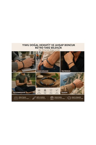Yıwu Yeni Erkek / Kadın Doğal Hematit Ve Ahşap Boncuk Retro Tarzı Bileklik Unisex El Yapımı Görünümlü Doğal Taş Bileklik Günlük Kullanım, Meditasyon Ve Şık Hediye Metalik & Kahverengi Ahşap