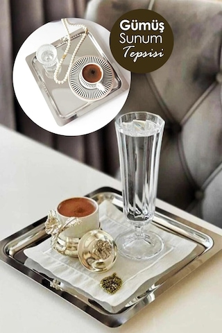 6'lı Silver Paslanmaz Çelik 21x21cm Kare Çay, Kahve, Pasta Servis Tepsisi Dekoratif Sunum Tepsisi
