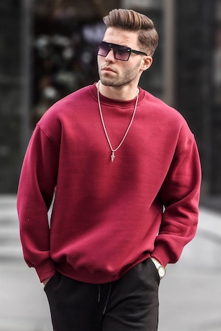 Madmext Bordo Bisiklet Yaka Oversize Şardonlu Basic Erkek Sweatshirt 6048 Bordo
