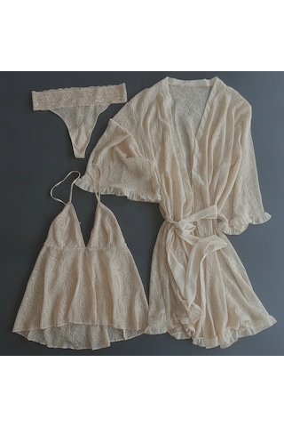 Bonbon Kadın Çeyizlik Ve Bohçalık Tül Transparan Ekru Renk Babydoll, String Ve Sabahlık 3 Lü Paket Bb2686