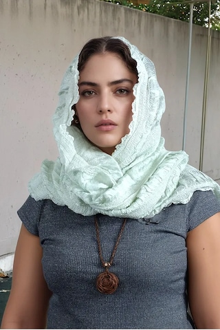 Rosehan Collection El Dokuması Haki İpek Şal - Gofreli - Ödemiş İpeği