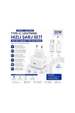 Schitec 30w Type-c Çıkışlı Hızlı Şarj Adapörü Başlığı Ve Type-c To Lightning Ve Hızlı Şarj Kablosu