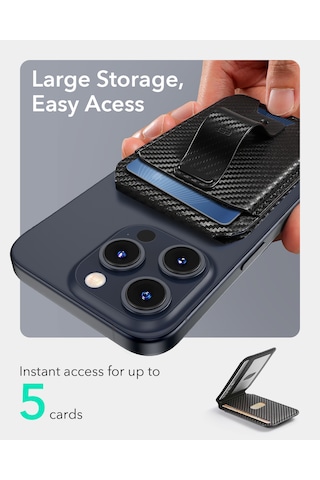 5 Kart İçin Manyetik Cüzdan Standı Parmak Halkalı, Magsafe & Halolock Uyumlu, Karbonfiber Karbon