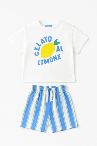 Erkek Çocuk Pamuklu Beyaz Limon Baskılı T-shirtli Çizgili Şort Takım Çok Renkli