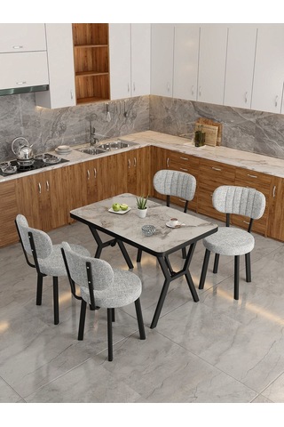 Azra 70x110cm Efes Mutfak Masası, Mutfak Masası Takımı, Yemek Masası, 4 Açık Gri Sandalye Açık Gri