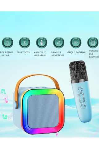 Teknozeel Mikrofonlu Karaoke 5 Ses Efektli Rgb Led Işıklı Bluetooth Kablosuz Hoparlör Ses Bombası Mavi Renk
