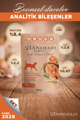 Somonlu Kısırlaştırılmış Yetişkin Kedi Yaş Maması - Jöle İçinde Parça Etli, 85 Gr X 24 Adet