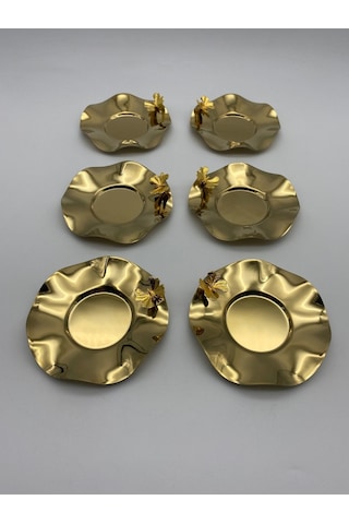 6'lı Kelebekli Gold Dalgalı Model Paslanmaz Çelik Çay Tabağı, Fincan Ve Kupa Altlığı Gold