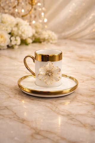 2 Li Gold Yaldızlı Porselen Lotus Çiçek Kahve Fincan Takımı 100ml Beyaz