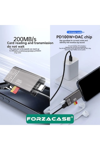 Forzacase 4in1 Taşınablilir Type-c To 3.5mm Aux , 100w Pd Ve Tf Kart Okuyucu Çevirici Adaptör - Fc1167