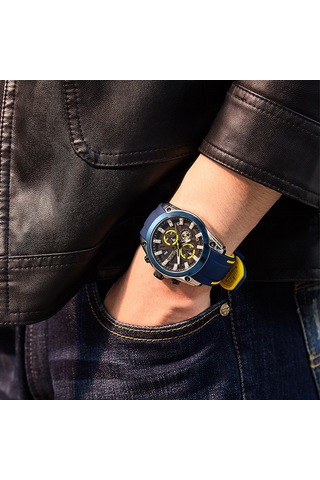 Marka Megir Megir Erkek Saati Çok Fonksiyonlu Kronograf Spor Silikon Erkek Kuvars Spor Saati 2144 Siyah Yüzlü Çelik Kabuk Mavi Kurdele Diğer