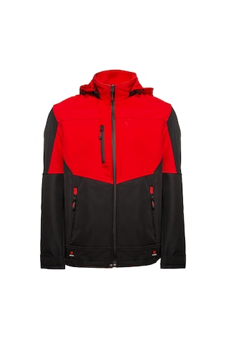 Softshell Kapşonlu Parçalı Mont Siyah - Kırmızı