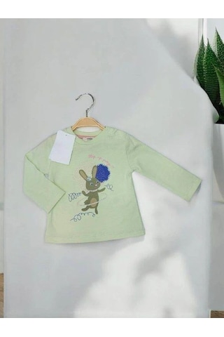 Kız Bebek Tavşan Baskılı Pamuklu İnce Uzun Kollu Bluz-14900 Yeşil