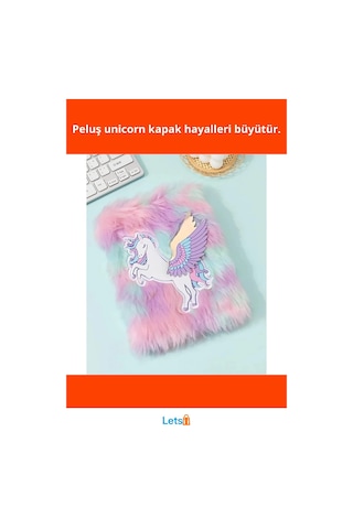 Unicorn Tasarımlı Peluş Hatıra Defteri A5 80 Yaprak Renkli Çok Renkli