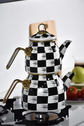 Dama Desenli Emaye Çaydanlık Takımı - Demlik Seti Siyah - Beyaz - Gold