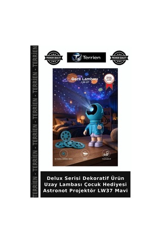 Delux Serisi Dekoratif Ürün Uzay Lambası Çocuk Hediyesi Astronot Projektör Lw37 Mavi Çok Renkli