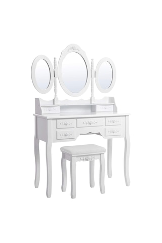 Songmıcs 3 Aynalı Ve Tabureli Tuvalet Masası, 7 Çekmece, Eğim Koruması, Lüks, 145 X 90 X 40 Cm, Beya Sku: Smg8690010216533 Açık Ceviz