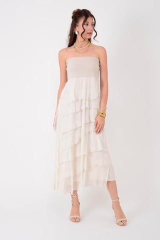 İtalyan 2 Beden Ince Gösteren Kat Kat Ipek Etek & Straplez Elbise Krem