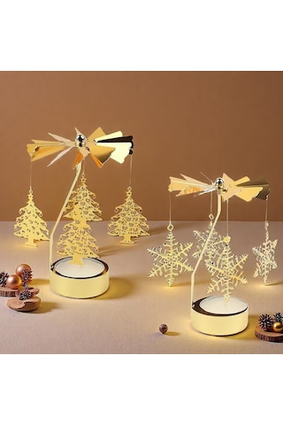 2'li Set Dönen Işıklı Kar Tanesi Ve Ağaç Metal Tealight Mumluk Gold