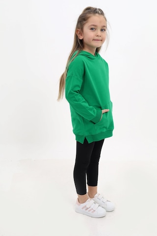 Toontoy Kids Toontoy Kız Çocuk 2'li Takım Baskılı Kapüşonlu Düşük Omuz Cepli Yırtmaçlı Sweatshirt & Basic Düz Tayt Çimen Yeşili