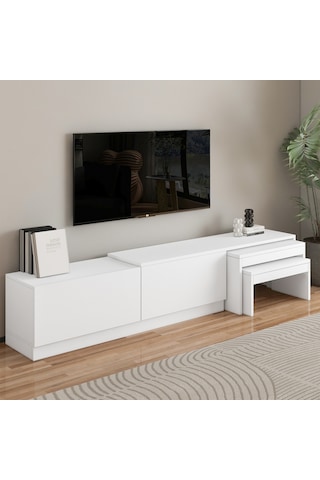 Nest Tv Sehpası Modern Tasarım,2 Kapaklı Depolama Ve İkili Zigon Sehpa İle Fonksiyonel Mobilya Beyaz