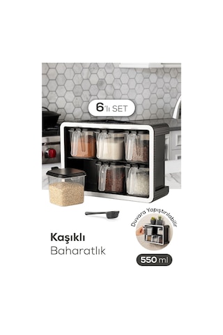 Vienev 6lı 500 Ml Standlı Kendinden Yapışkanlı Kaşıklı Baharatlık Seti Antrasit
