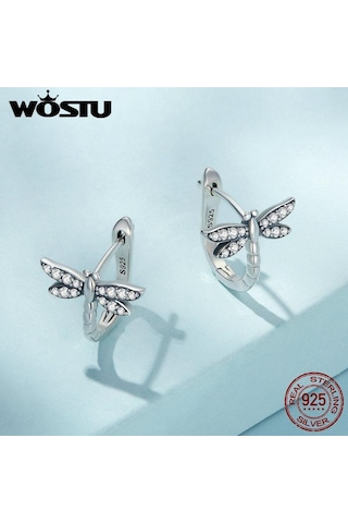 Wostu 925 Ayar Gümüş Parlak Şeffaf Zirkon Damla Küpe Dragonfly Hoop Küpe Hayvan Kulak Tokaları Kadınlar İçin Düğün Takısı
