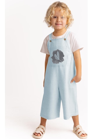 Unisex Tüğ Nakışlı Keten Salopet Mavi Mavi