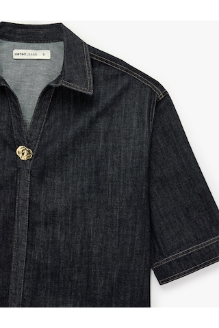 Koton Rahat Kalıp Metal Düğme Detaylı Klasik Yaka Kısa Kollu Denim Gömlek Raw 7wal60005md 63x