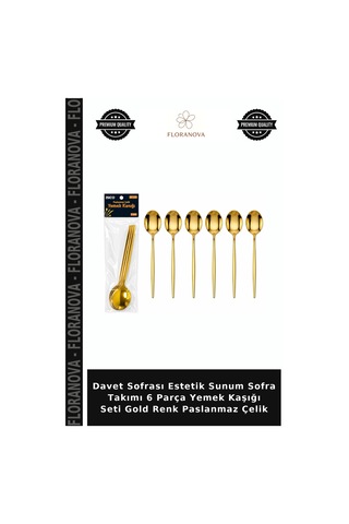 Davet Sofrası Estetik Sunum Sofra Takımı 6 Parça Yemek Kaşığı Seti Gold Renk Paslanmaz Çelik Çok Renkli
