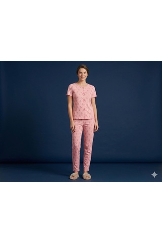Sleeproom Yazlık Pembe Ananas Desenli Kısa Kol Penye %100 Pamuk Pijama Takım