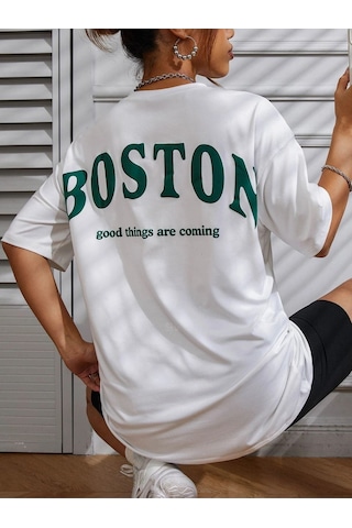 Kadın Beyaz Oversiz Boston Baskılı Örme T-shirt Beyaz-58930