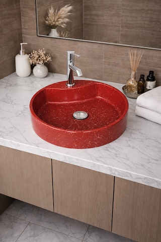 Mermer Desenli Tezgah Üstü Yuvarlak Çanak Taş Lavabo 45 Cm Musluk Delikli Bordo