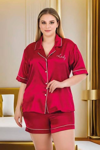 Bordo Renk Kaliteli, Şık Ve Kısa Kol, Lady 16002 Şortlu Saten Pijama Takımı