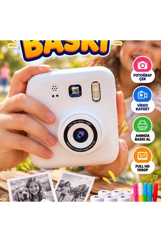 Çocuklar İçin Dijital Baskılı Fotoğraf Makinesi 5 Renkli Kalem Ve 4 Kağıt Rulo Hediyeli Kamera