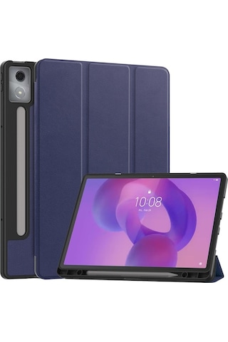 Vkemall Lenovo Xiaoxin Pad Pro 2025 12.7 İnç Korumalı Kılıf - Üç Katlı Ayaklı Deri Kapak Mavi