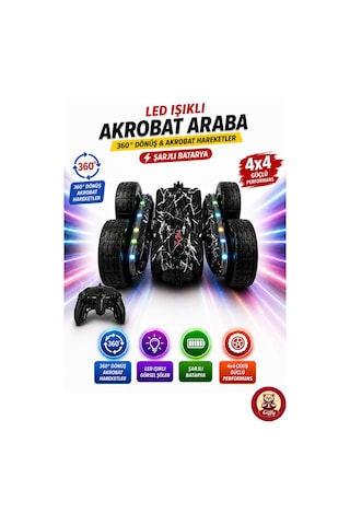 Oyuncak Led Işıklı 360 Akrobat Uzaktan Kumandalı Araba Şarjlı 4x4 Off Road Dublör Oyuncak Araba Siyah