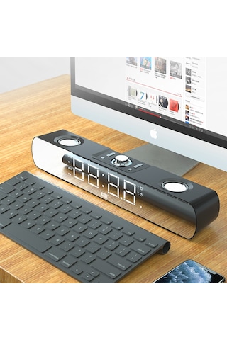 Kablosuz Bluetooth Speaker Hoparlör 6w Güçlü Ses Aynalı Led Dijital Saat Alarmlı Usb/tf/aux Destekli
