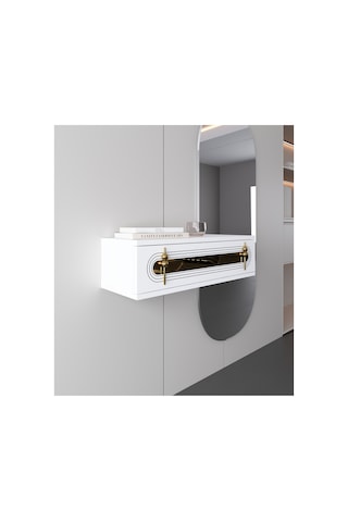 Işık 70cm Duvara Monte Kapaklı Raflı Modern Dresuar Beyaz-altın Beyaz-altın